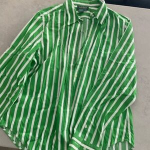 Ralph Lauren Green and White Striped Button Down Shirt